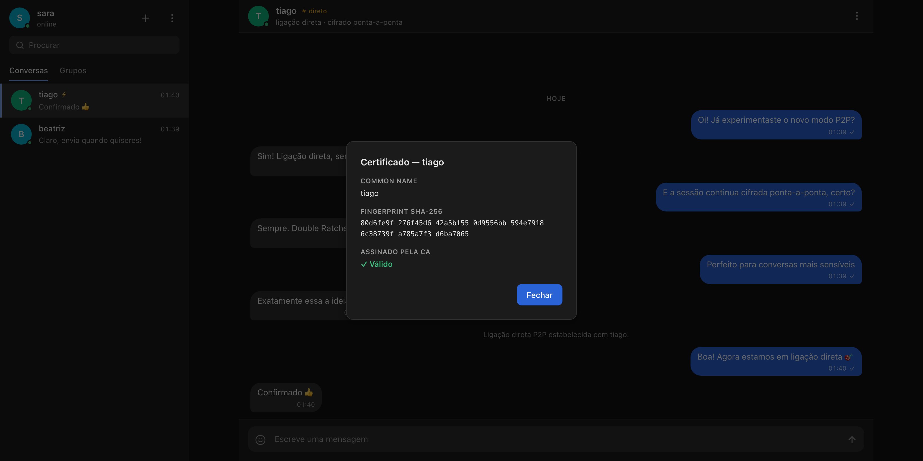 E2EE Chat certificate viewer showing a CA-signed identity and its SHA-256 fingerprint