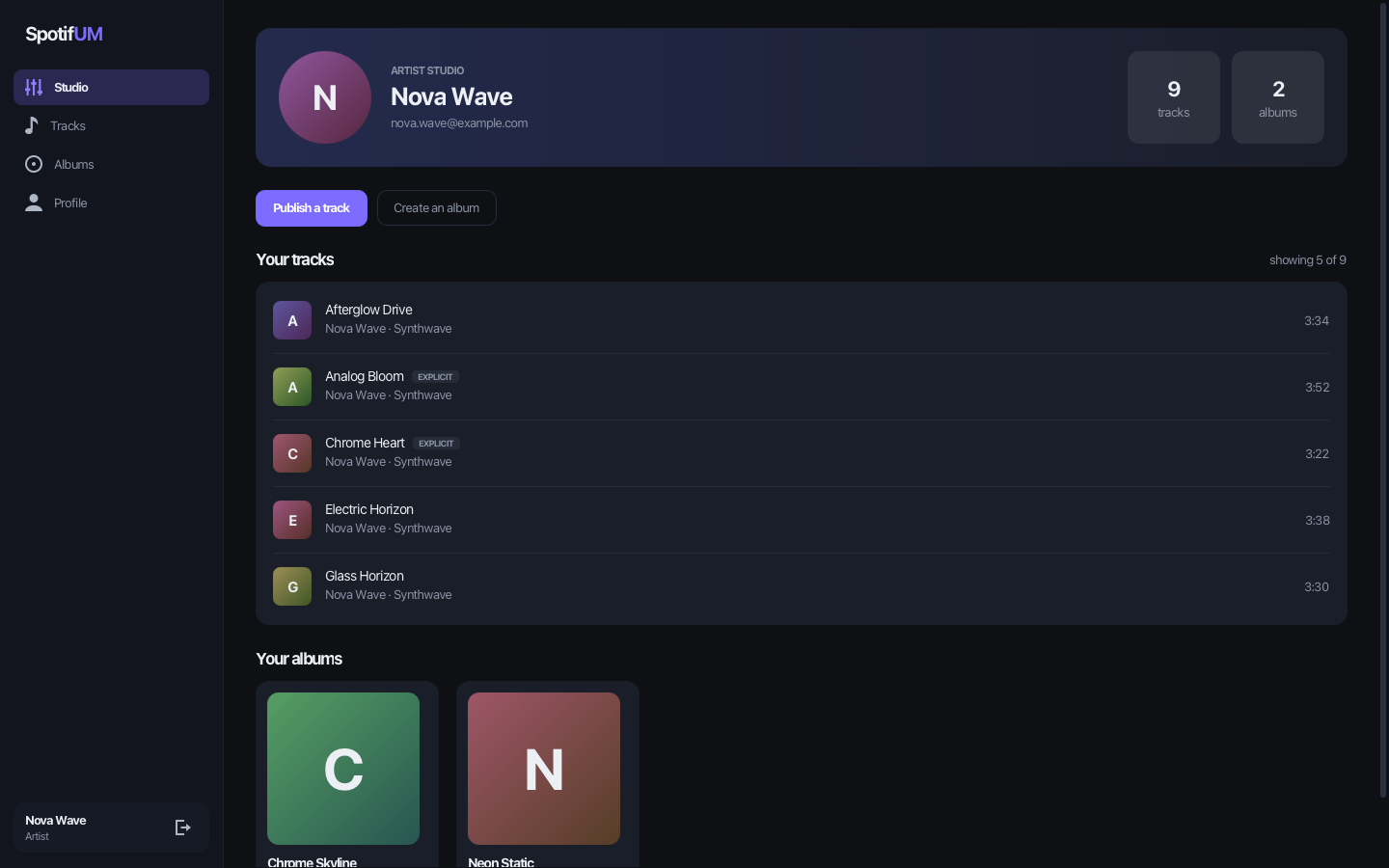 SpotifUM Artist Studio showing tracks and albums