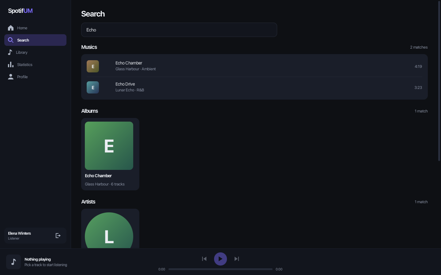 SpotifUM search results across tracks, albums and artists